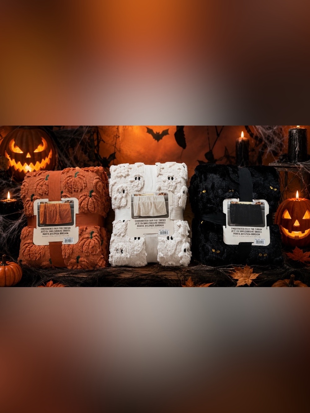 NWT 3 Halloween Faux Fur Throw Blankets Orange Pumpkin White Ghost & Black Cat